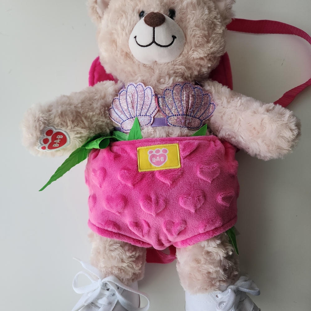Build-A-Bear Stuffed Animal Pink Plush Toy Hawaiian Costume And Carrier Like New
